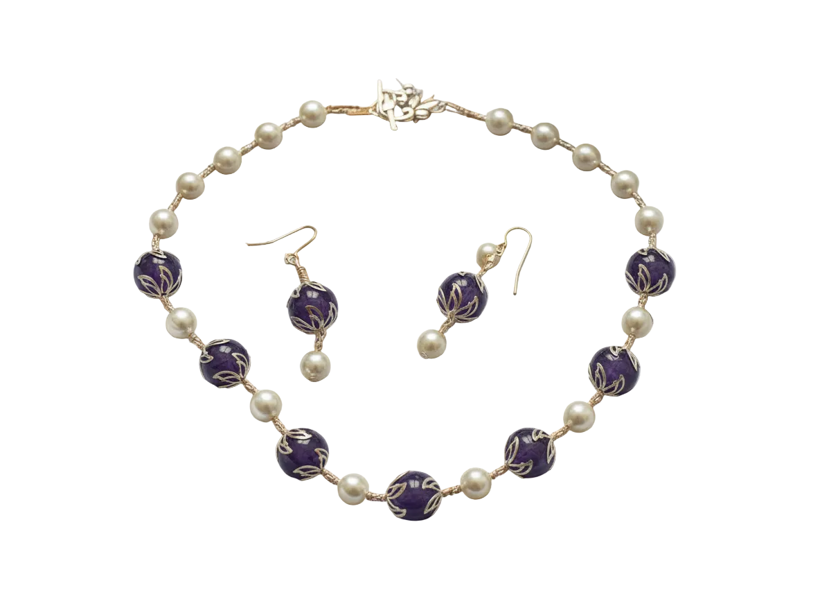 parure perles de nacre et améthystes véritables polies nacrelune.com parure