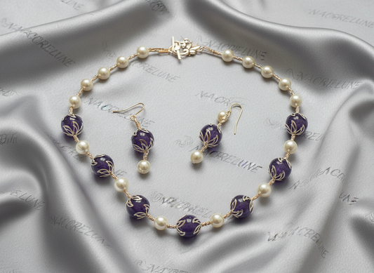 parure perles de nacre et améthystes véritables polies NACRELUNE parure