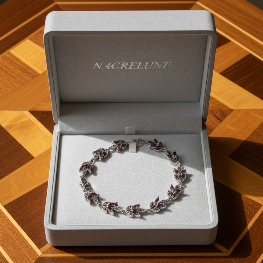Bracelet en argent et marcassites avec rubis véritables nacrelune.com bracelet