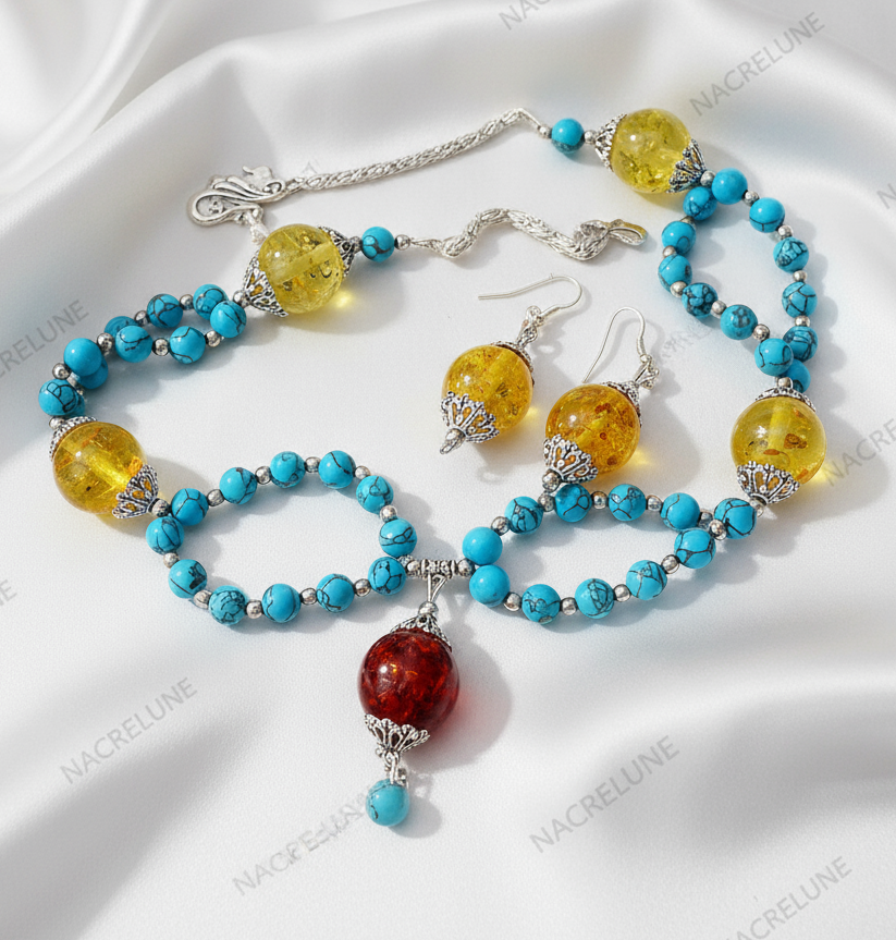 Parure en perles turquoise et d'ambre recontituées NACRELUNE parure