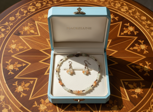 Parure petites pierres de lune polies en dégradé de couleurs orange NACRELUNE parure