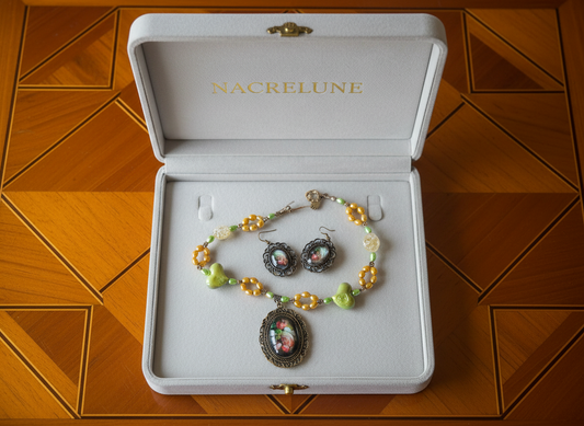 Parure en perles de culture véritables et perles acrylique avec camée en verre représentant des fleurs Jaune NACRELUNE parure