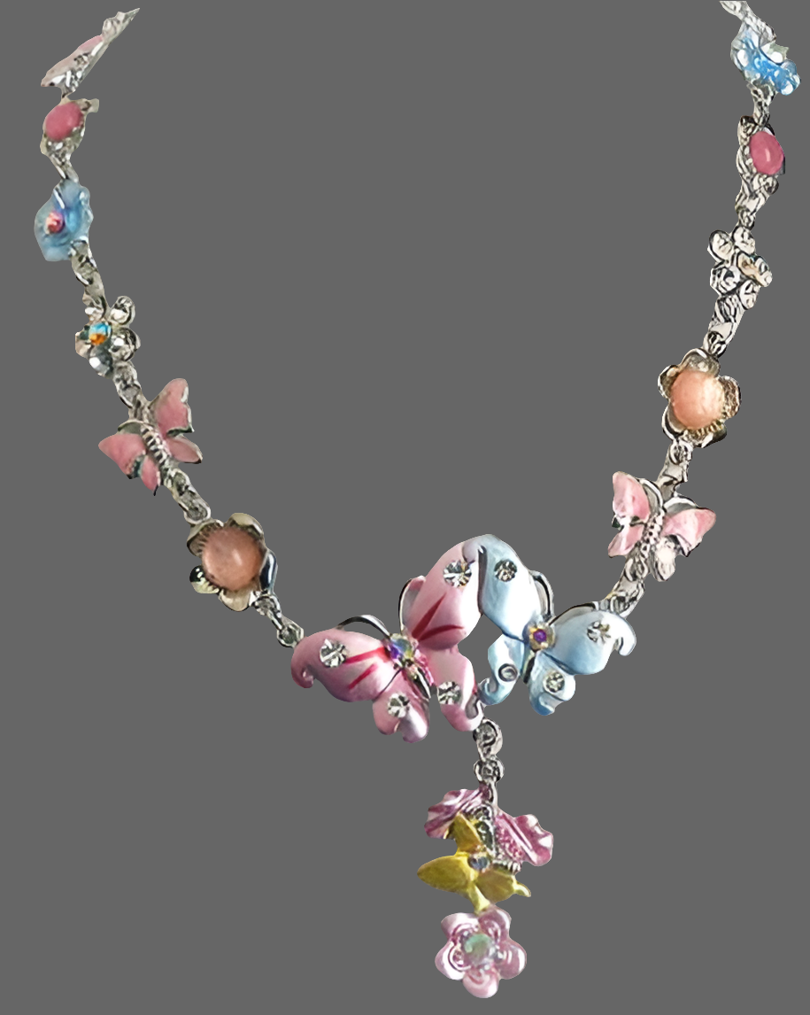 collier papillons émail rose et bleu C37