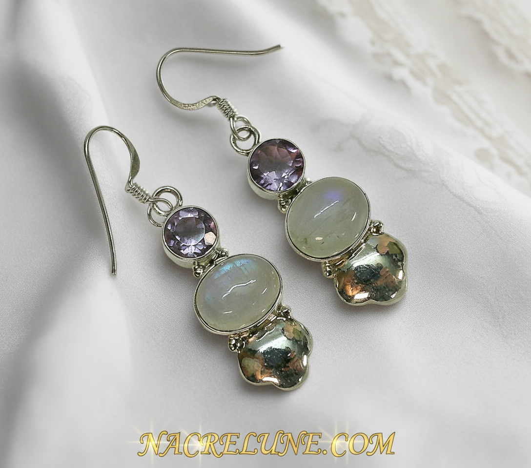 boucles en argent et pierres de lune avec améthystes NACRELUNE boucles d'oreille