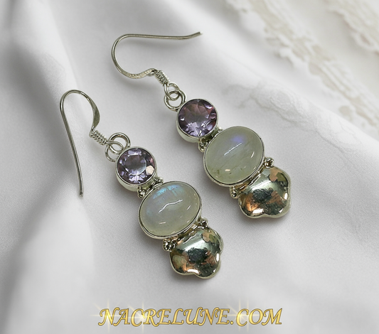 boucles en argent et pierres de lune avec améthystes NACRELUNE boucles d'oreille