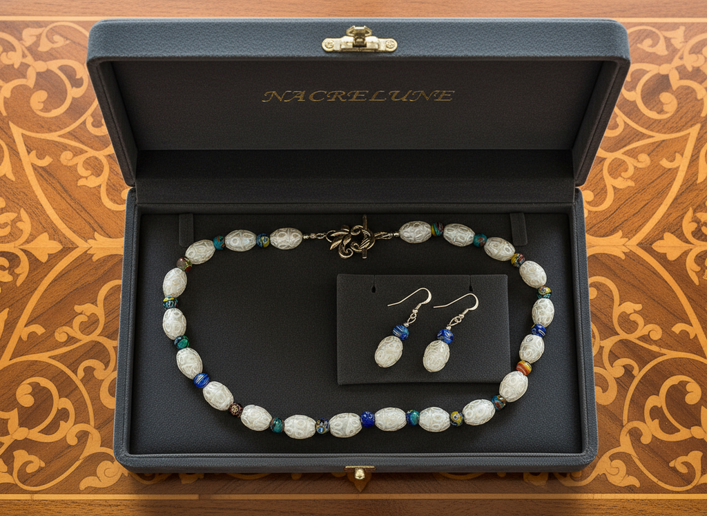 parure en perles de verre dentelle blanche avec millefleurs nacrelune.com parure