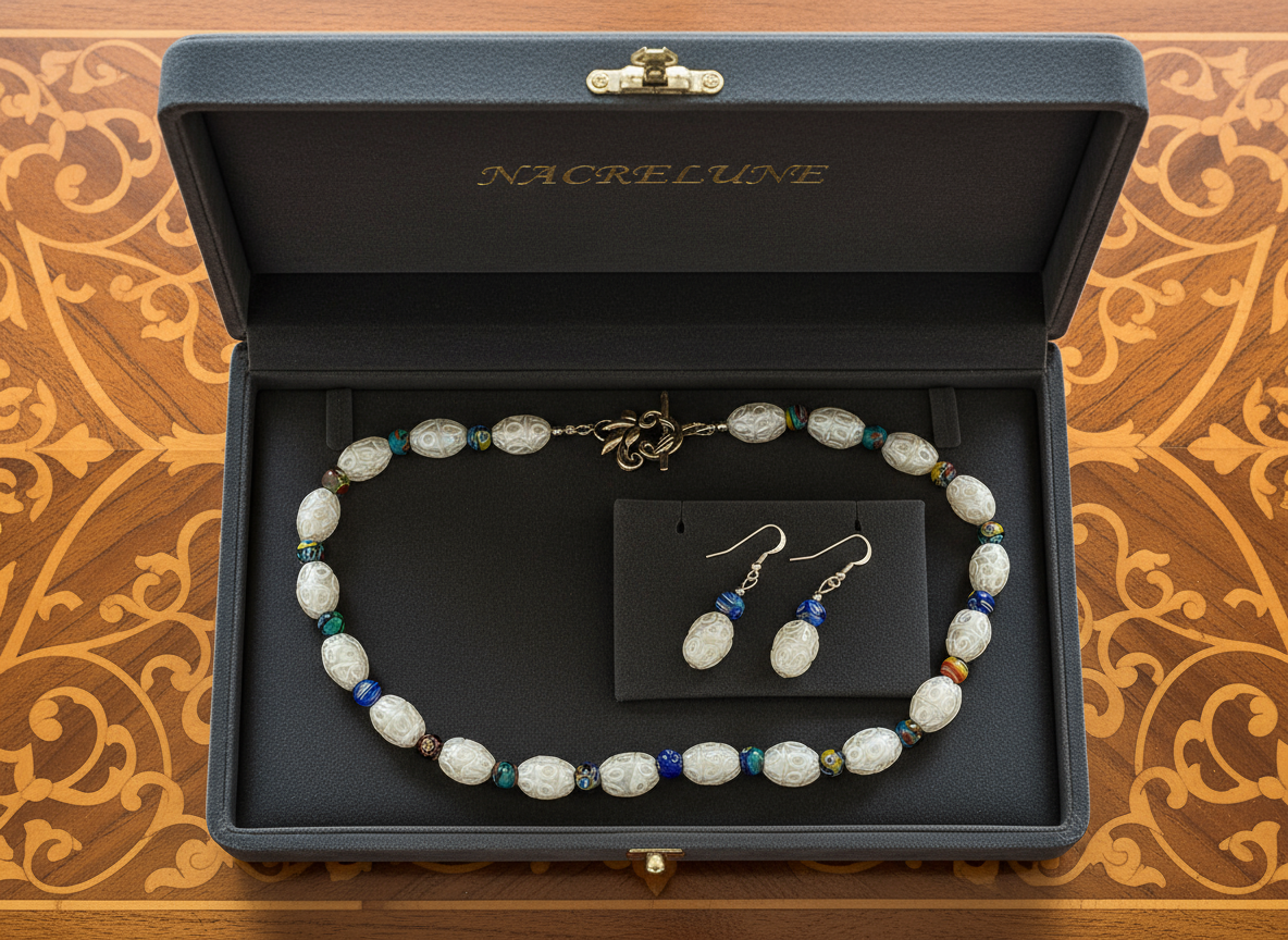 parure en perles de verre dentelle blanche avec millefleurs Multicolore NACRELUNE parure