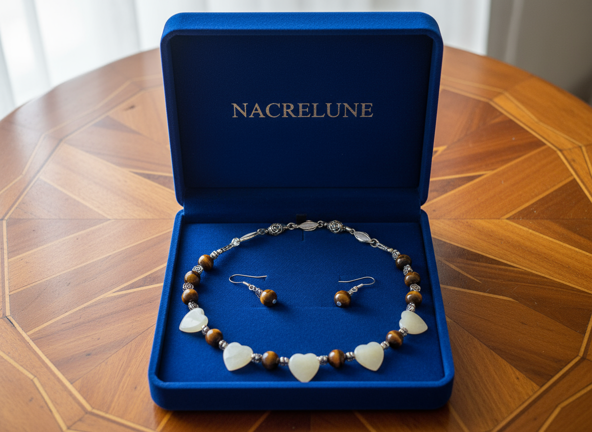 Parure en perles d' oeil du tigre et coeurs citrine jaune polis Jaune NACRELUNE parure