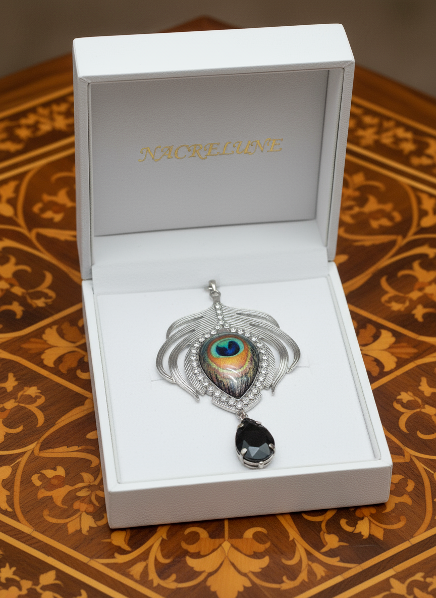 Pendentif fantaisie à longue chaîne représentant plume de paon nacrelune.com pendentif