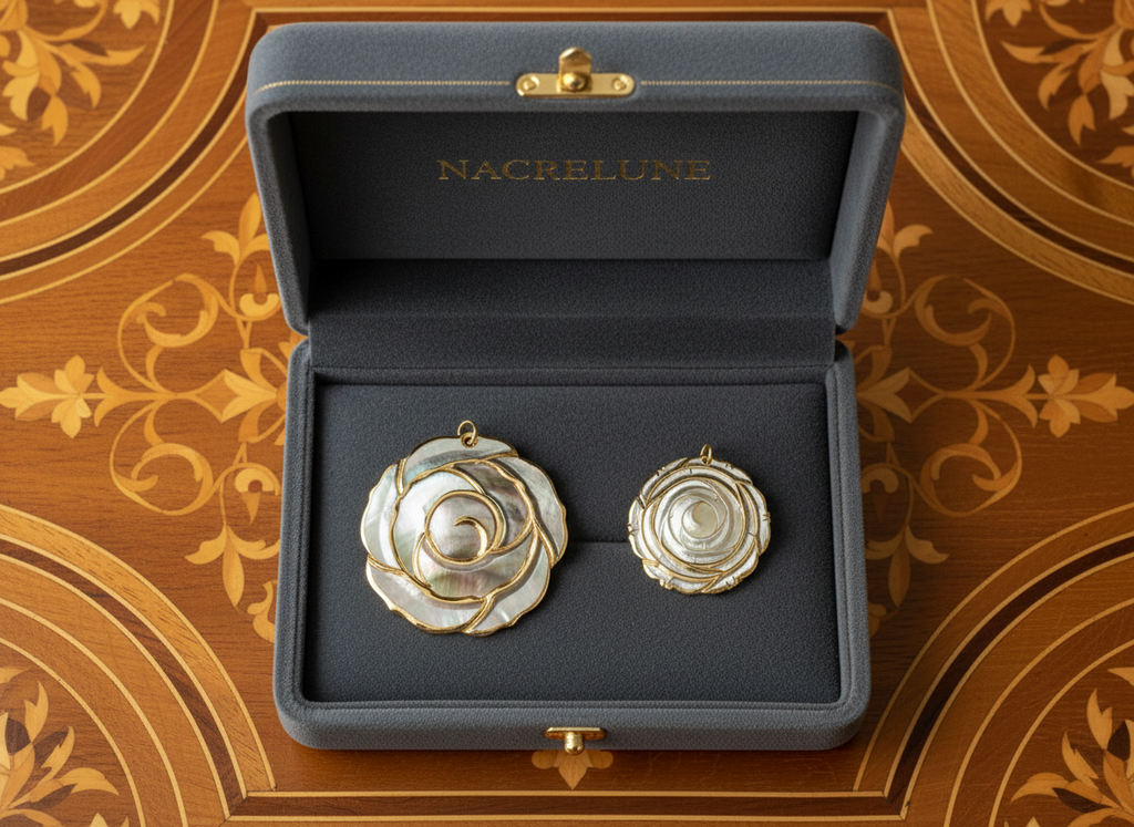 pendentif gris et or avec fleur en nacre nacrelune.com pendentif