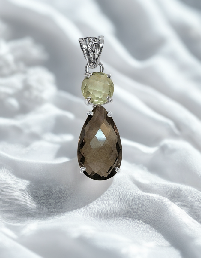 Pendentif en argent 925 avec citrine et quartz fumé taillés nacrelune.com collier