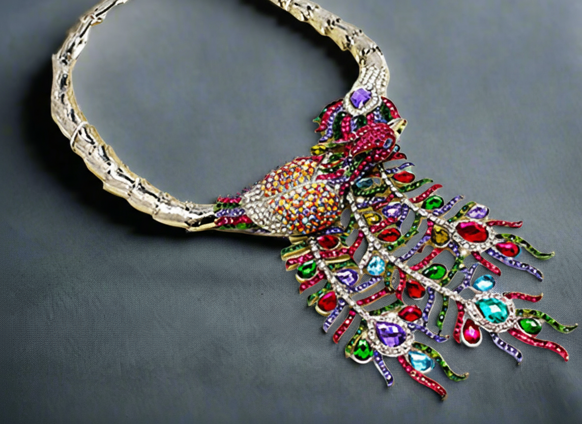 Collier en strass multicolores représentant un paon monté sur métal argenté nacrelune.com collier