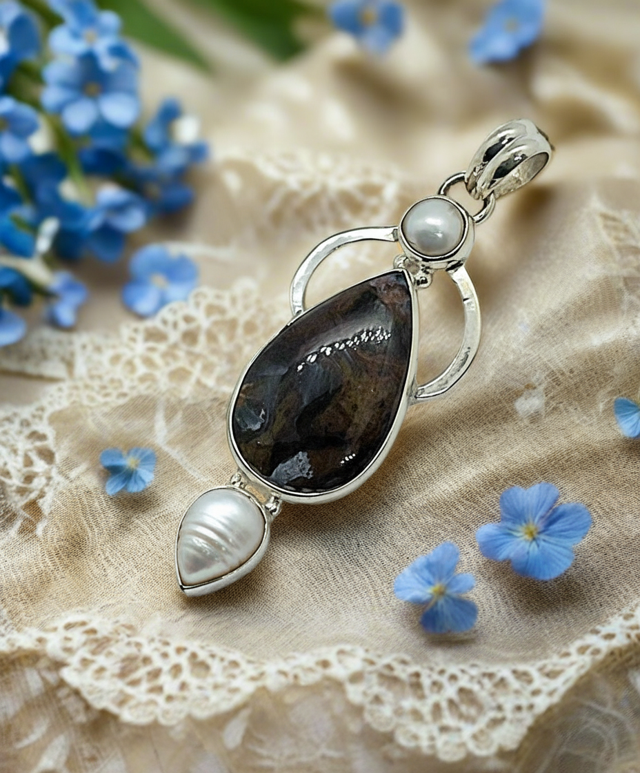 Pendentif en argent véritable avec perle fine et pierre brute polie NACRELUNE pendentif