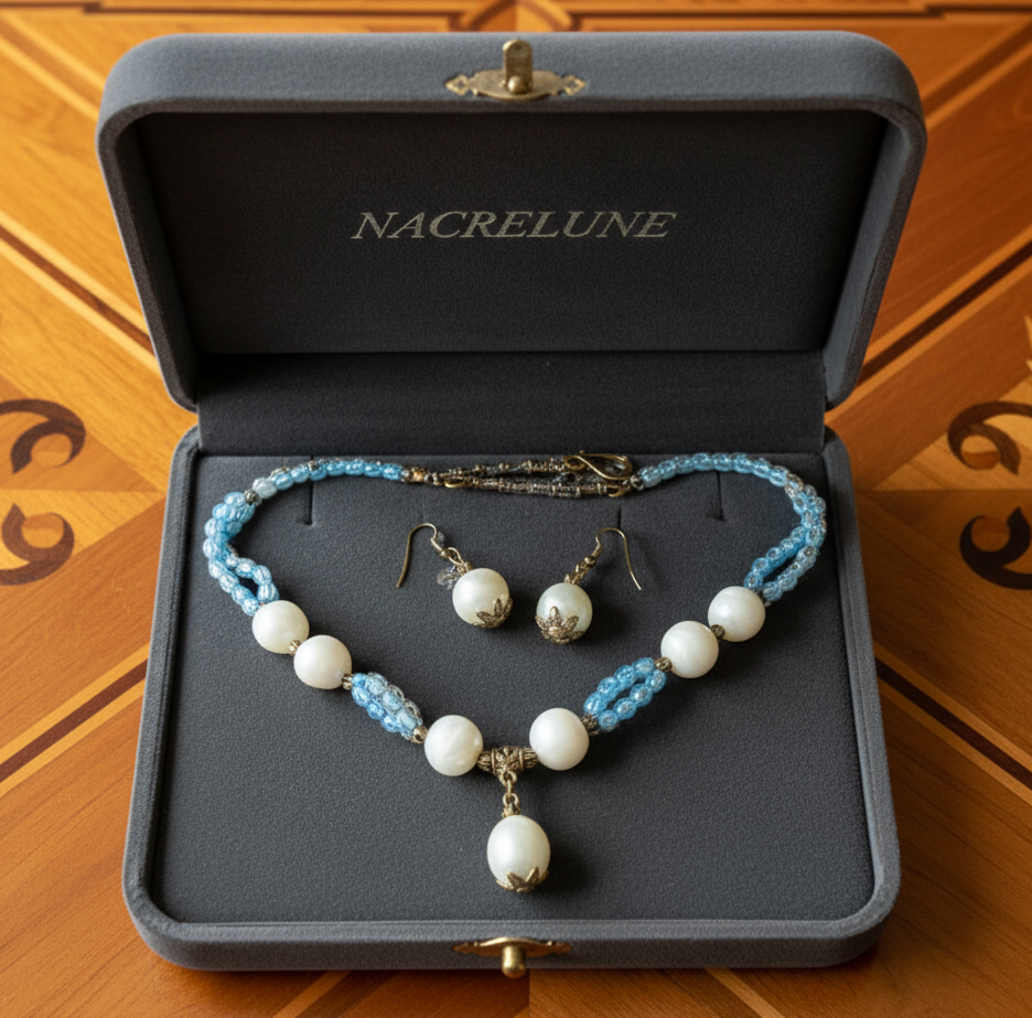 Parure pierres de lune grises et perles de culture bleues nacrelune.com parure