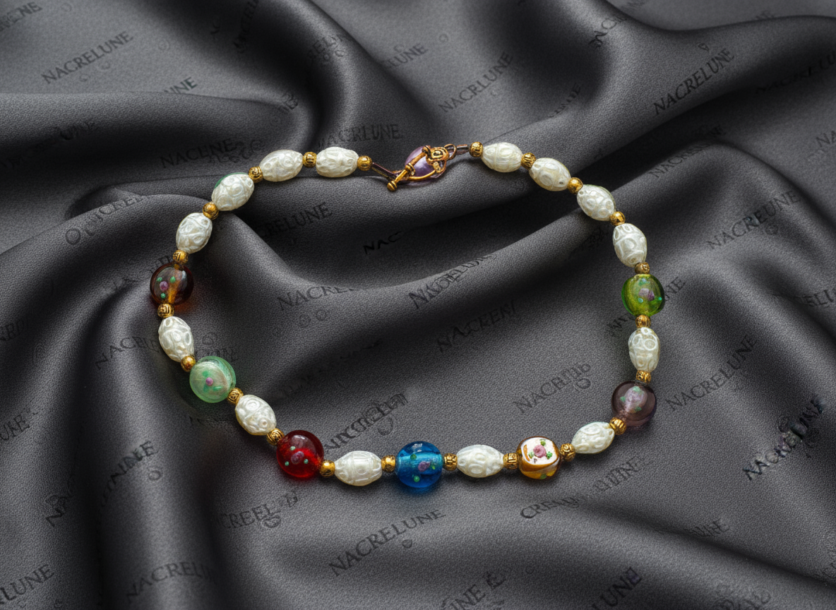 collier en perles de verre décorées et perles de verre dentelle blanche NACRELUNE collier