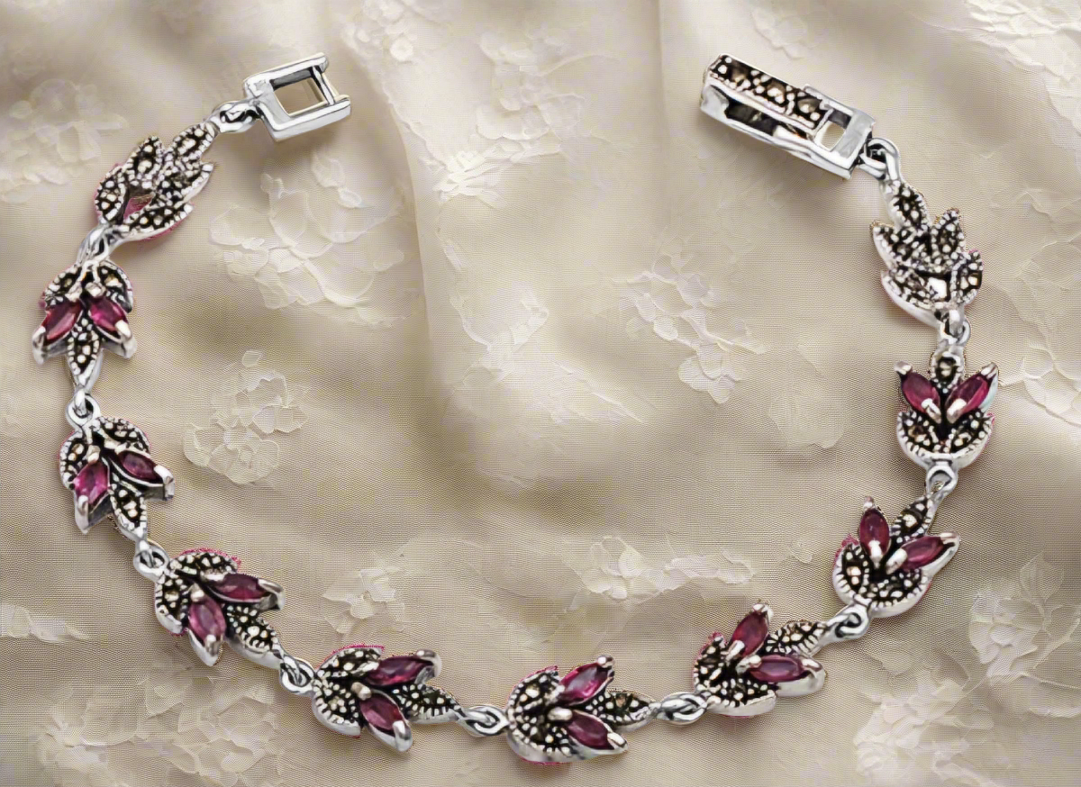 Silver and marcasite bracelet with real rubies (Red) PRB18