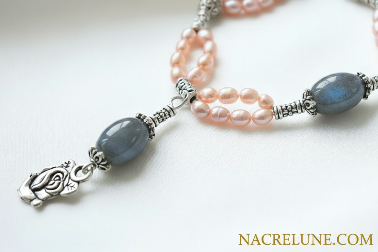 Parure en petites perles de culture couleur saumon et perles de labradorite naturelle polies NACRELUNE parure