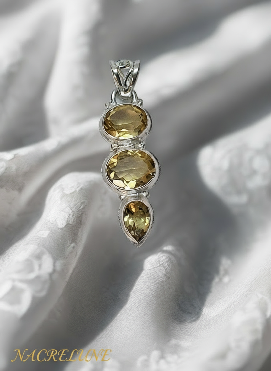 Pendentif en argent 925 avec citrines taillées nacrelune.com collier
