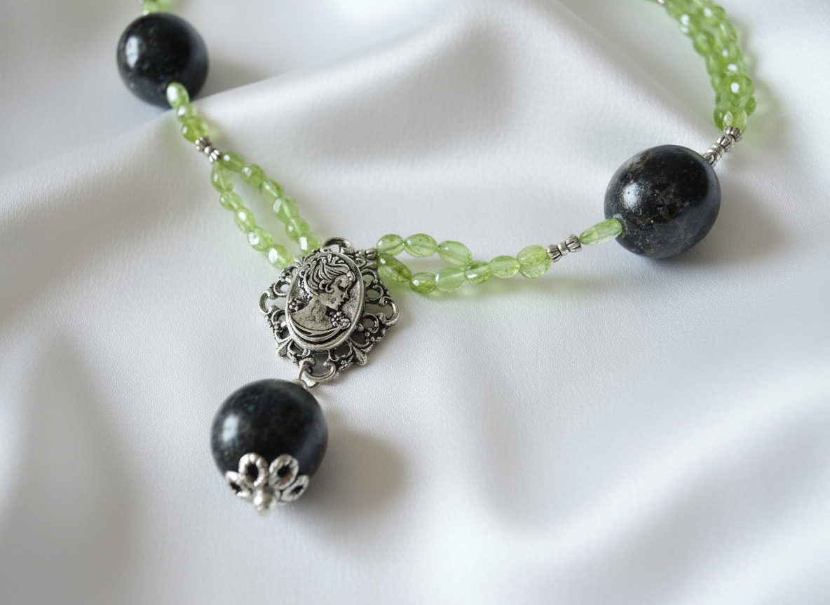 Collier en perlles de tourmalines noires et peridots véritables NACRELUNE collier