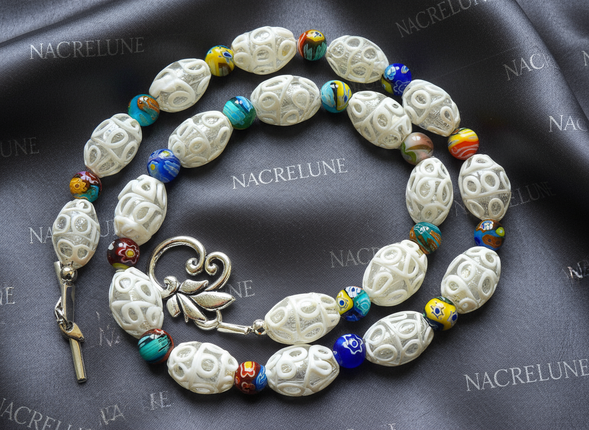 parure en perles de verre dentelle blanche avec millefleurs NACRELUNE parure