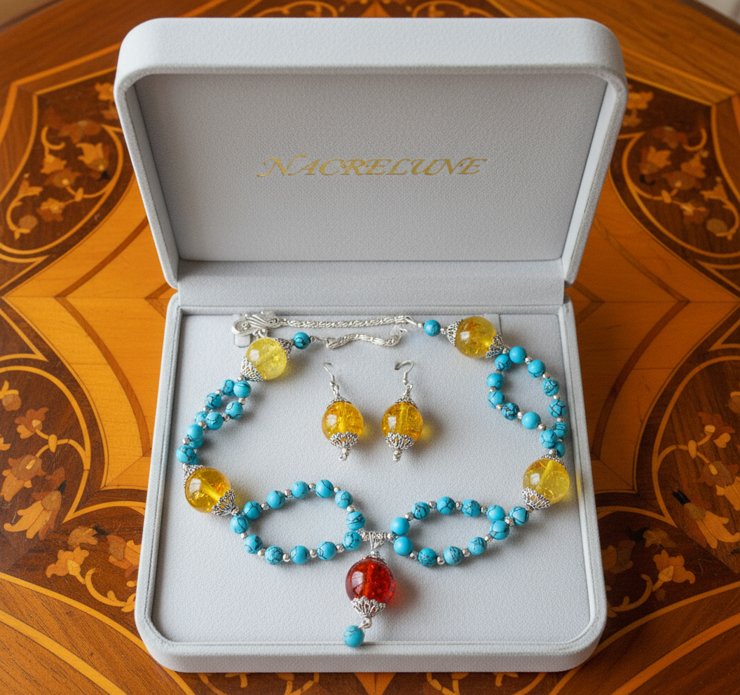 Parure en perles turquoise et d'ambre recontituées turquoise NACRELUNE parure
