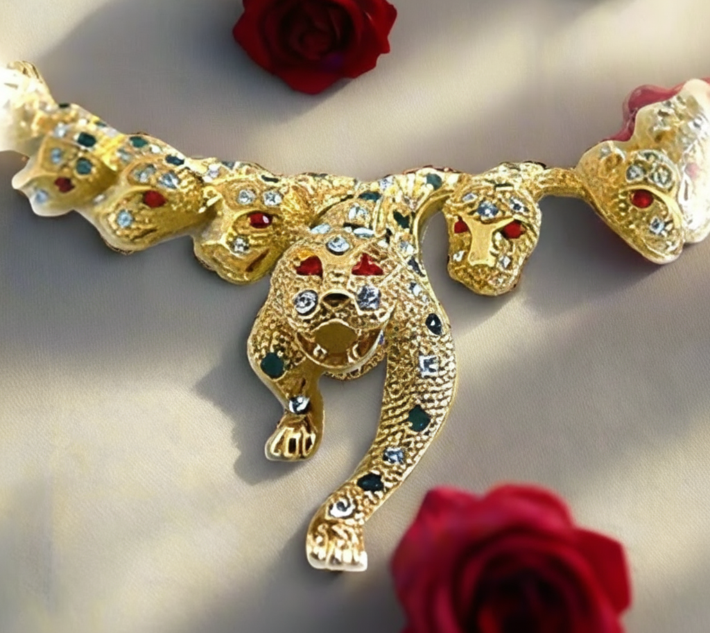 Parure panthère dorée aux yeux zirconia rubis NACRELUNE parure