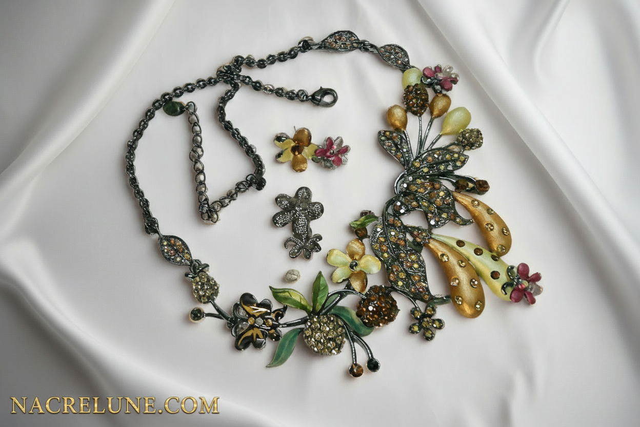 Parure fleurs et fruits en émail nacrelune.com parure