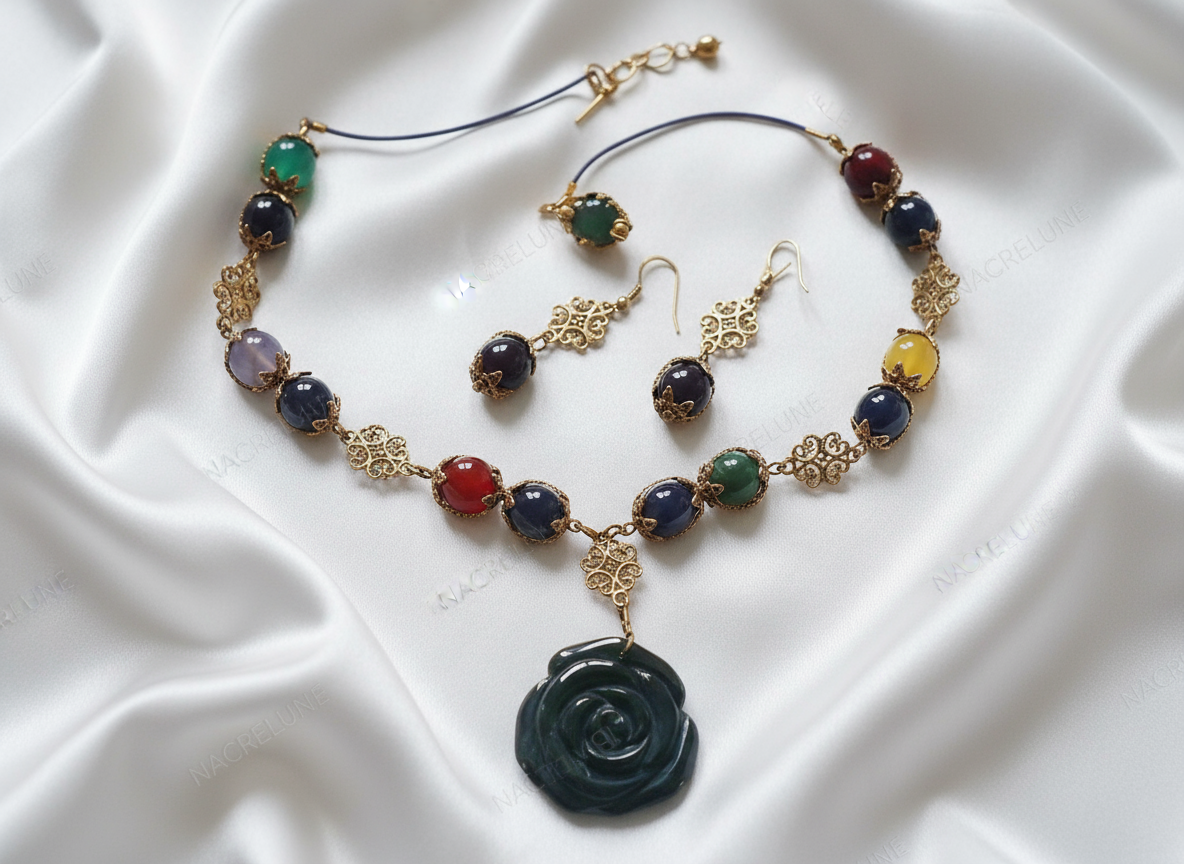 Parure en perles d'agates multicolores et rose sculptée en onyx NACRELUNE parure
