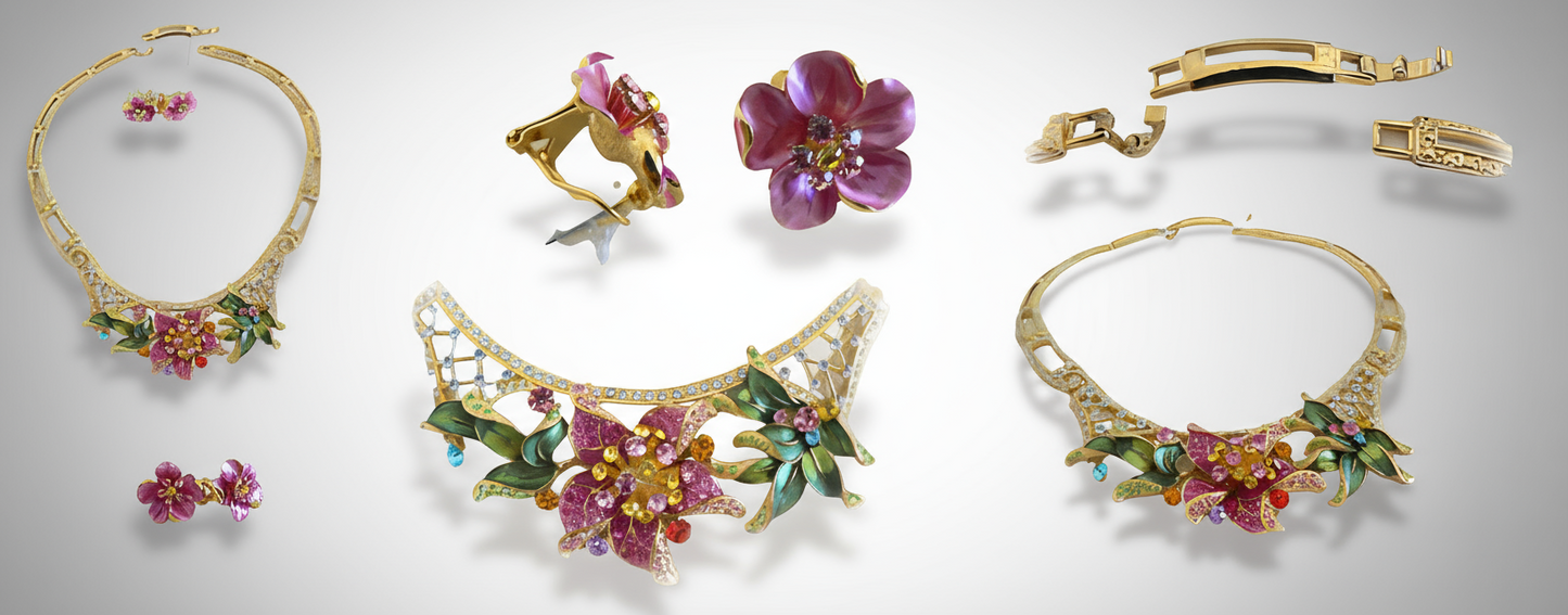 Parure avec grande fleur rose strass et émail NACRELUNE parure