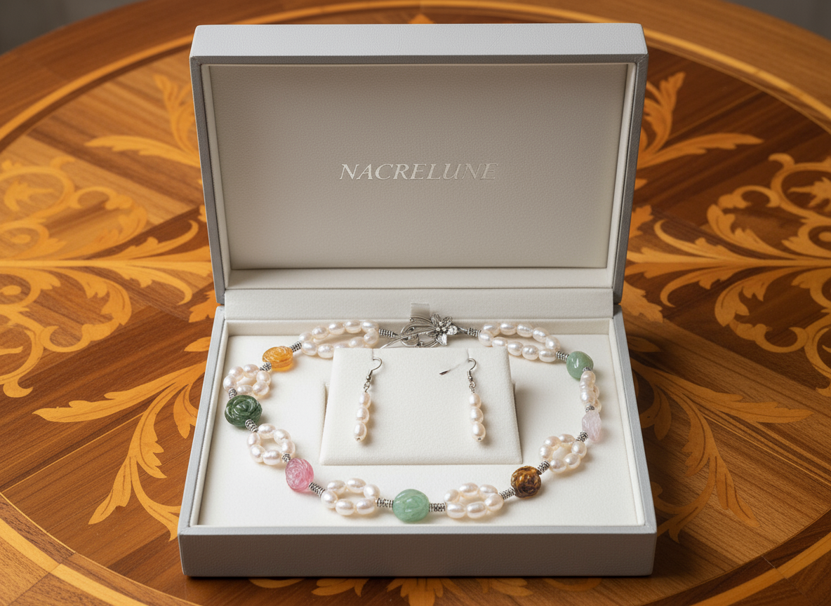 parure perles de culture avec fleurs multicolores en pierre naturelle Multicolore nacrelune.com parure