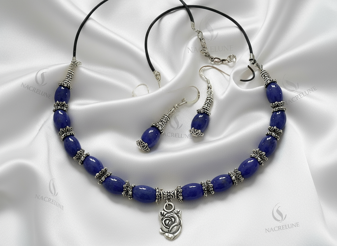 Parure en perles de jades mauves avec rose NACRELUNE parure