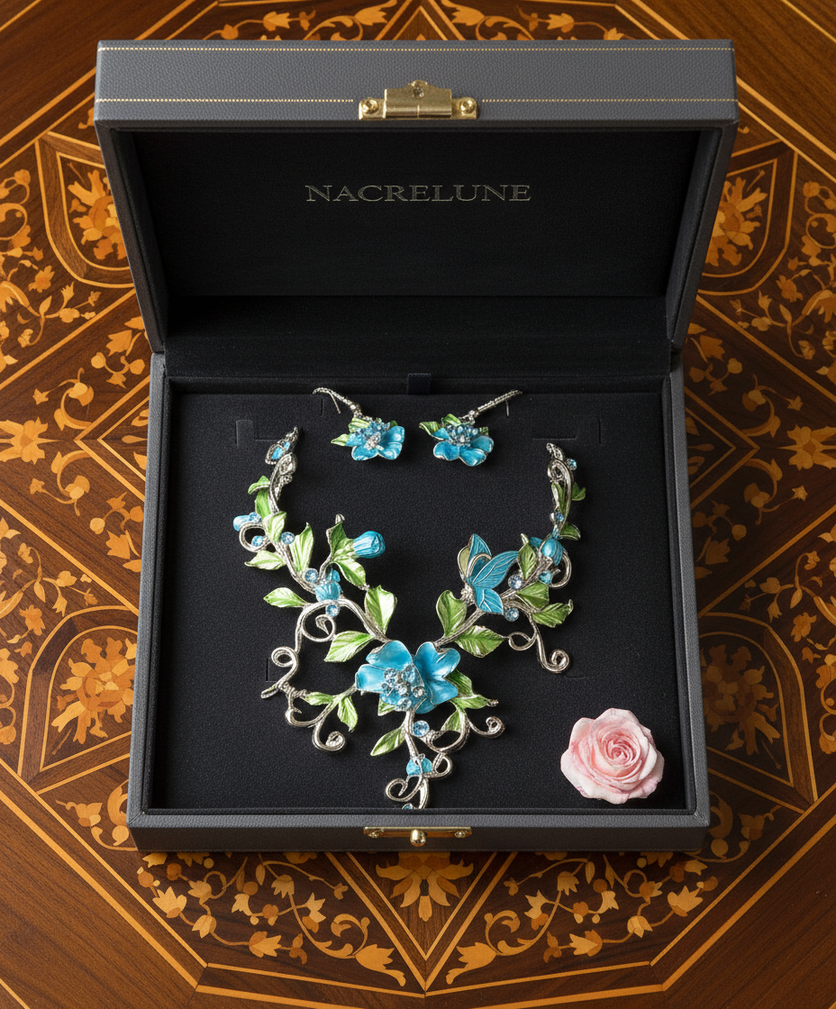 Parure en émail bleu avec fleurs, papillon et coccinelle nacrelune.com parure