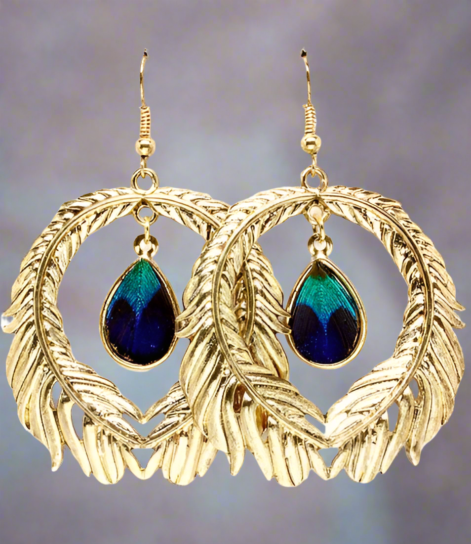 Grandes boucles d'oreille fantaisie en forme de plume de paon