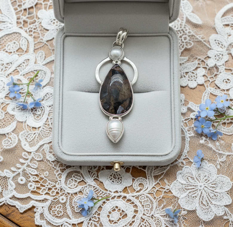 Pendentif en argent véritable avec perle fine et pierre brute polie NACRELUNE pendentif