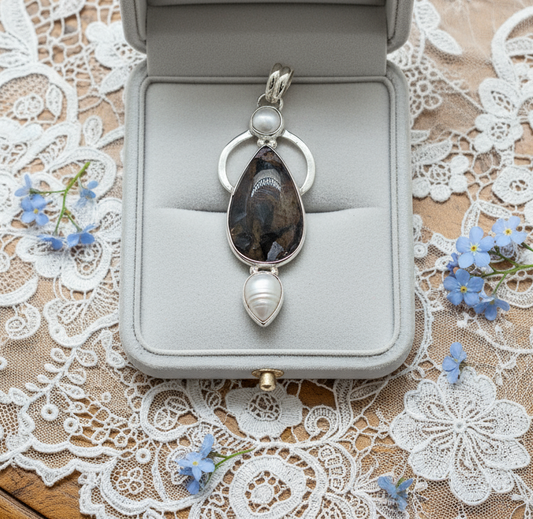 Pendentif en argent véritable avec perle fine et pierre brute polie NACRELUNE pendentif