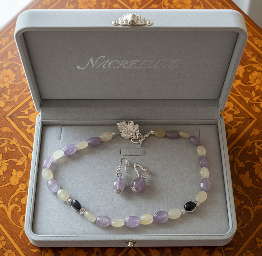 parure en perles naturelles d'améthystes citrines et onyx nacrelune.com parure