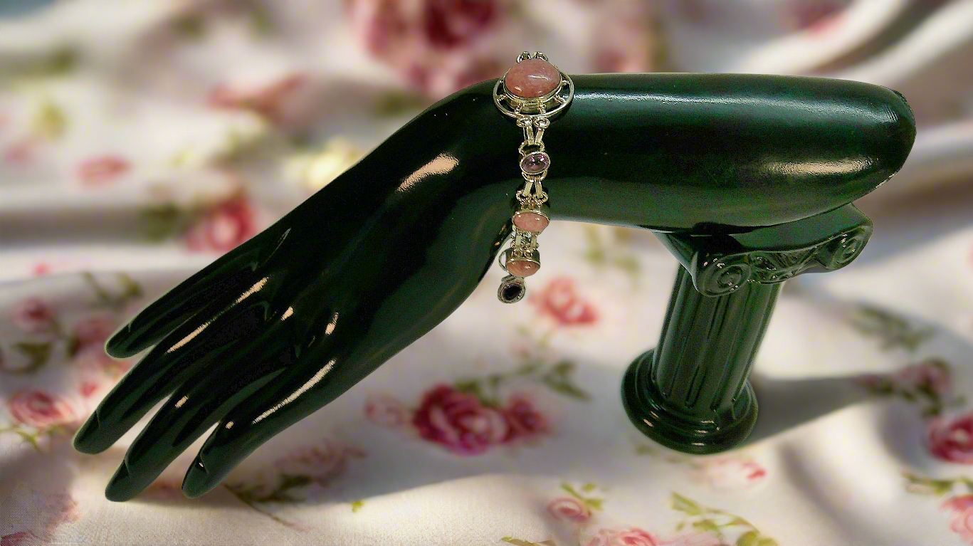 Bracelet en argent avec rhodocrosites et améthystes