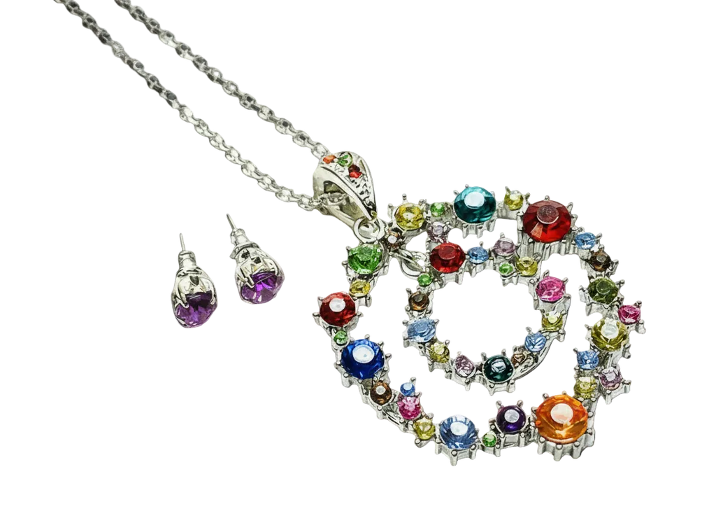 Parure sautoir avec cercles argentés et strass multicolores nacrelune.com parure
