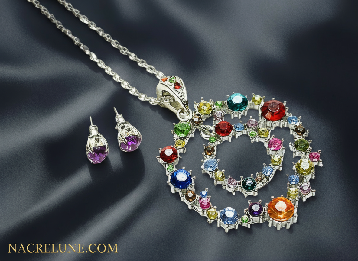 Parure sautoir avec cercles argentés et strass multicolores NACRELUNE parure