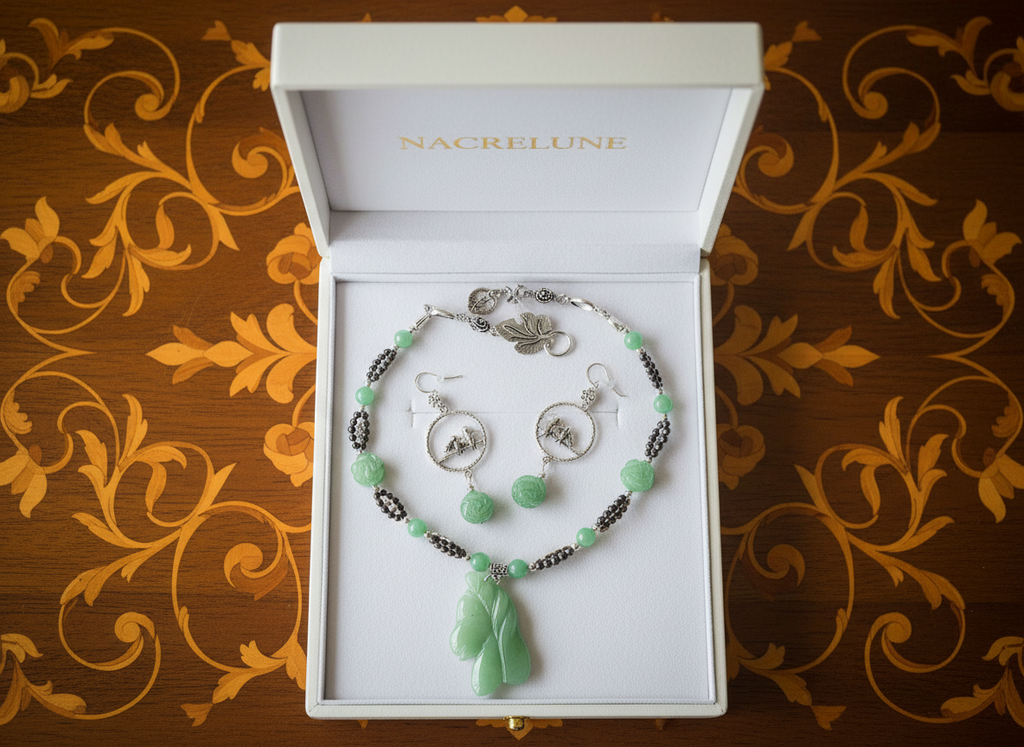 Parure en perles d' aventurine véritables sculptées en forme de fleurs et cheval nacrelune.com parure