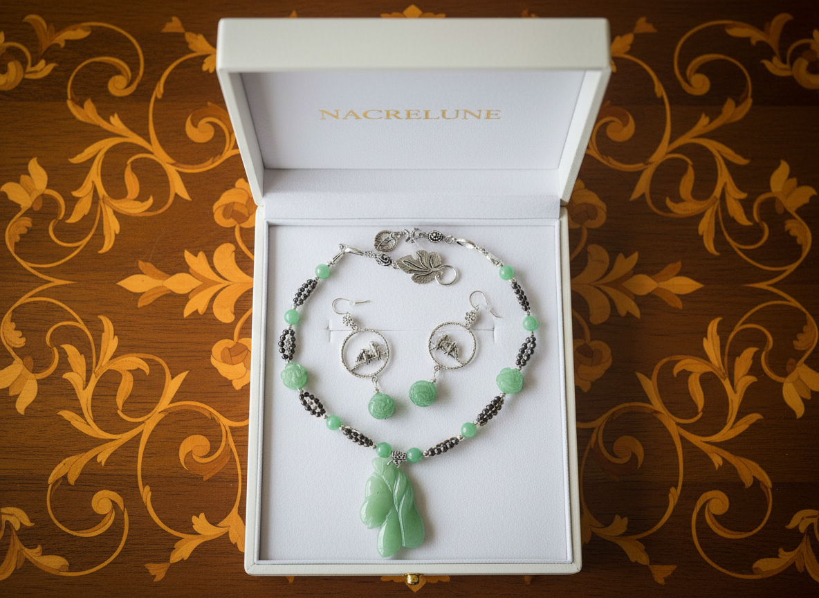 Parure en perles d' aventurine véritables sculptées en forme de fleurs et cheval Vert NACRELUNE parure