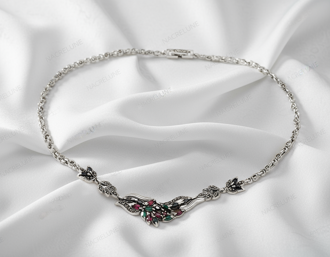 Collier en argent 925 et marcassites avec pierres précieuses nacrelune.com collier