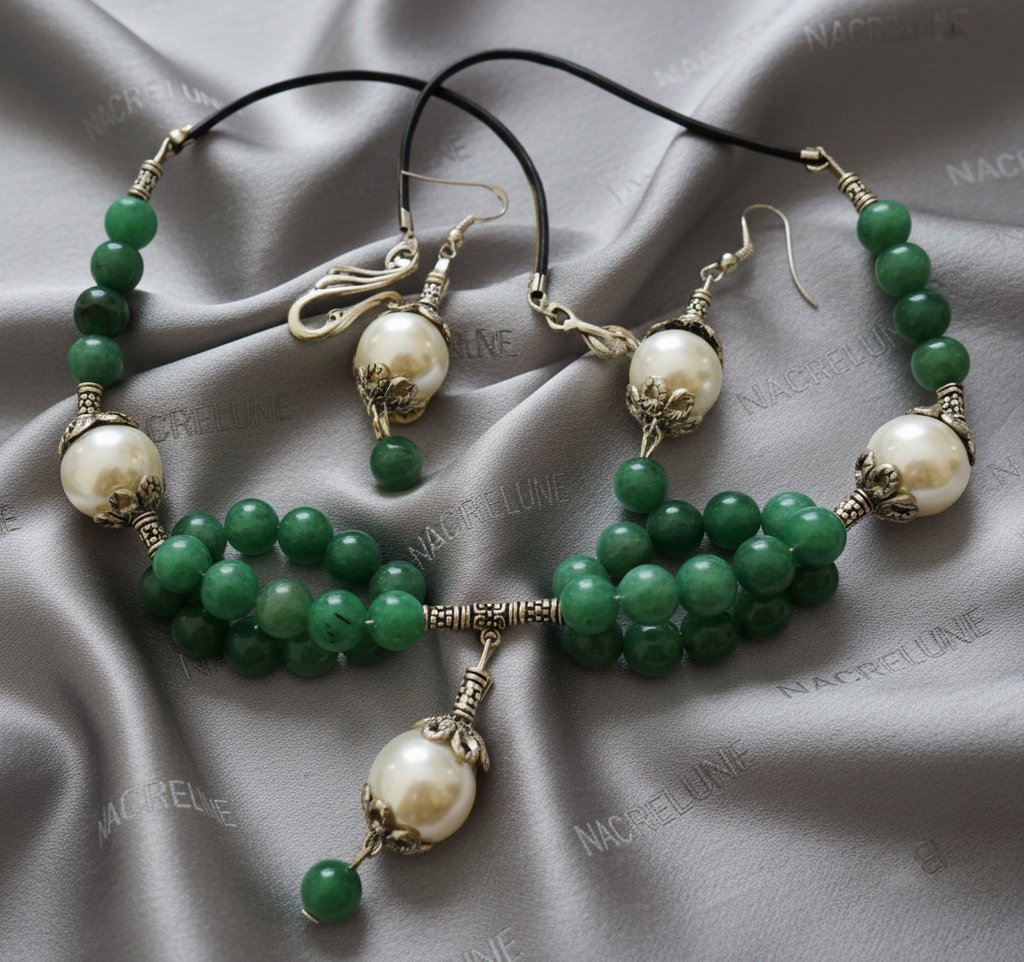 Parure perles de nacre et jade vert nacrelune.com parure