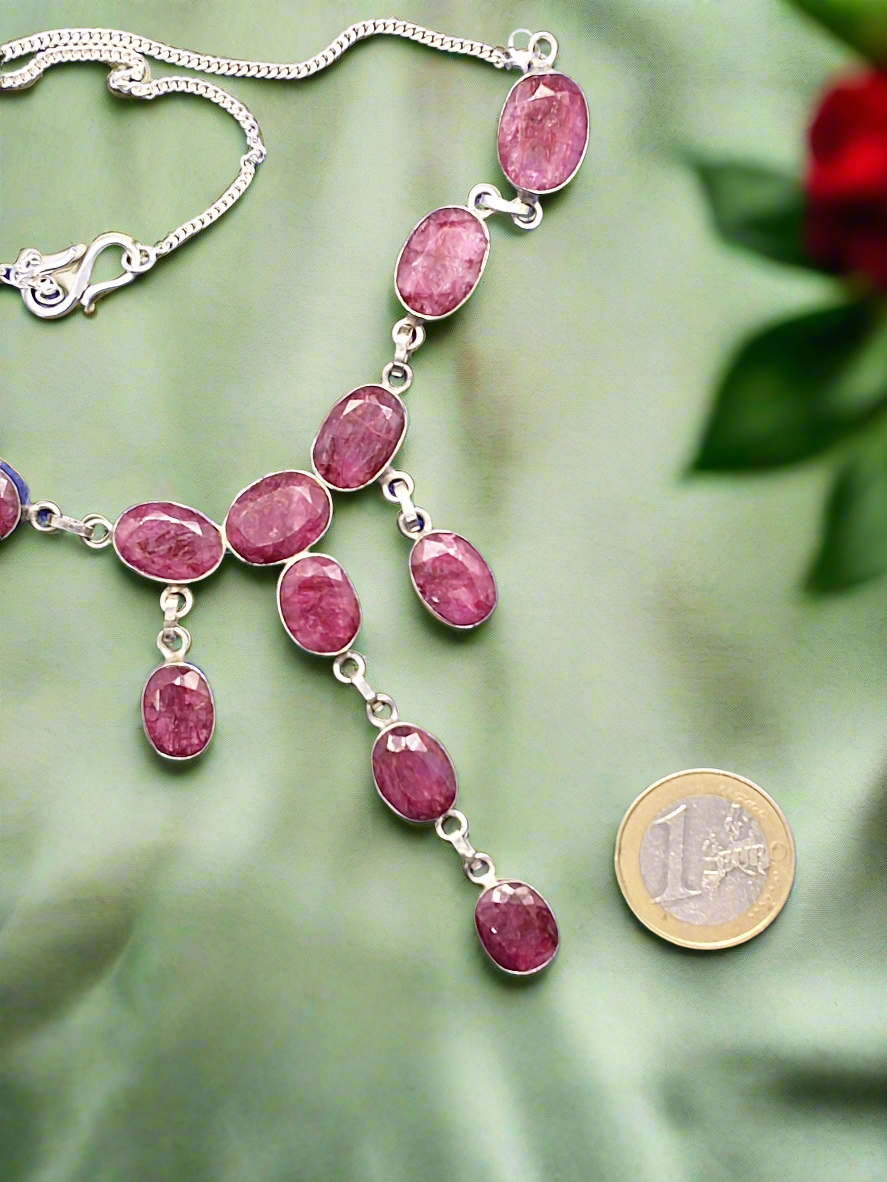 Collier argent 925 avec rubis véritables 5 pendentifs facettés