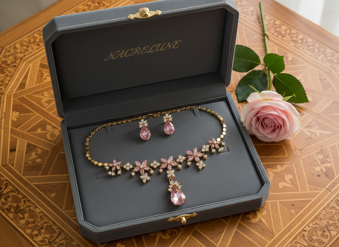 parure en zirconia imitation saphirs roses rose NACRELUNE parure