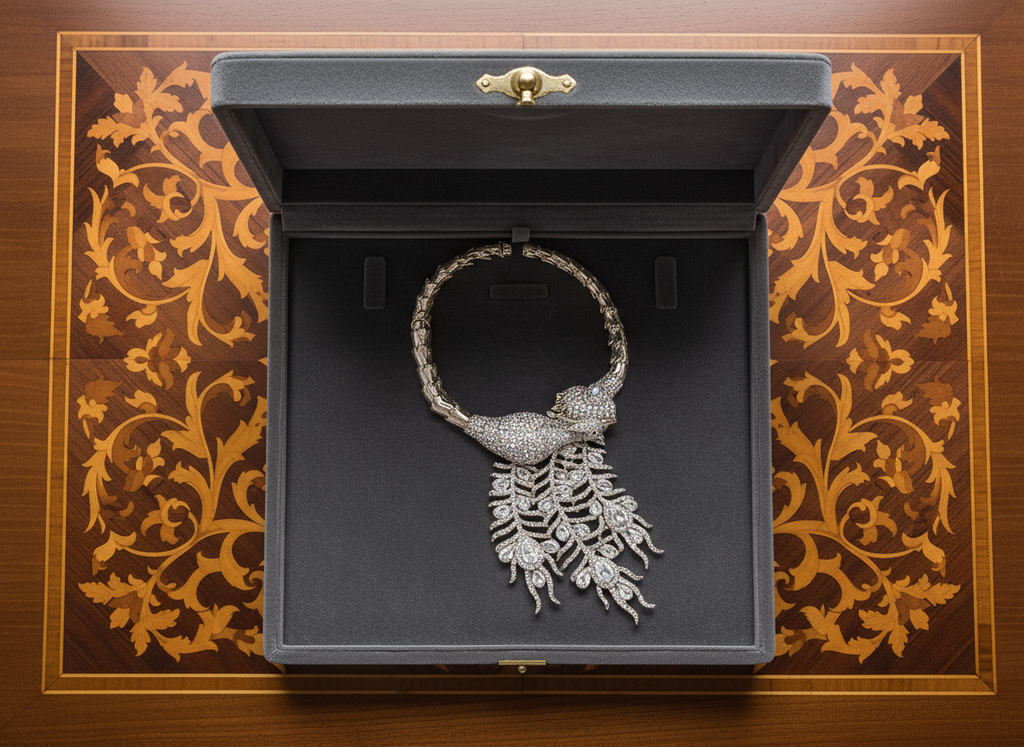 Collier strass couleur aurore boréale représentant un paon monté sur métal argenté nacrelune.com collier