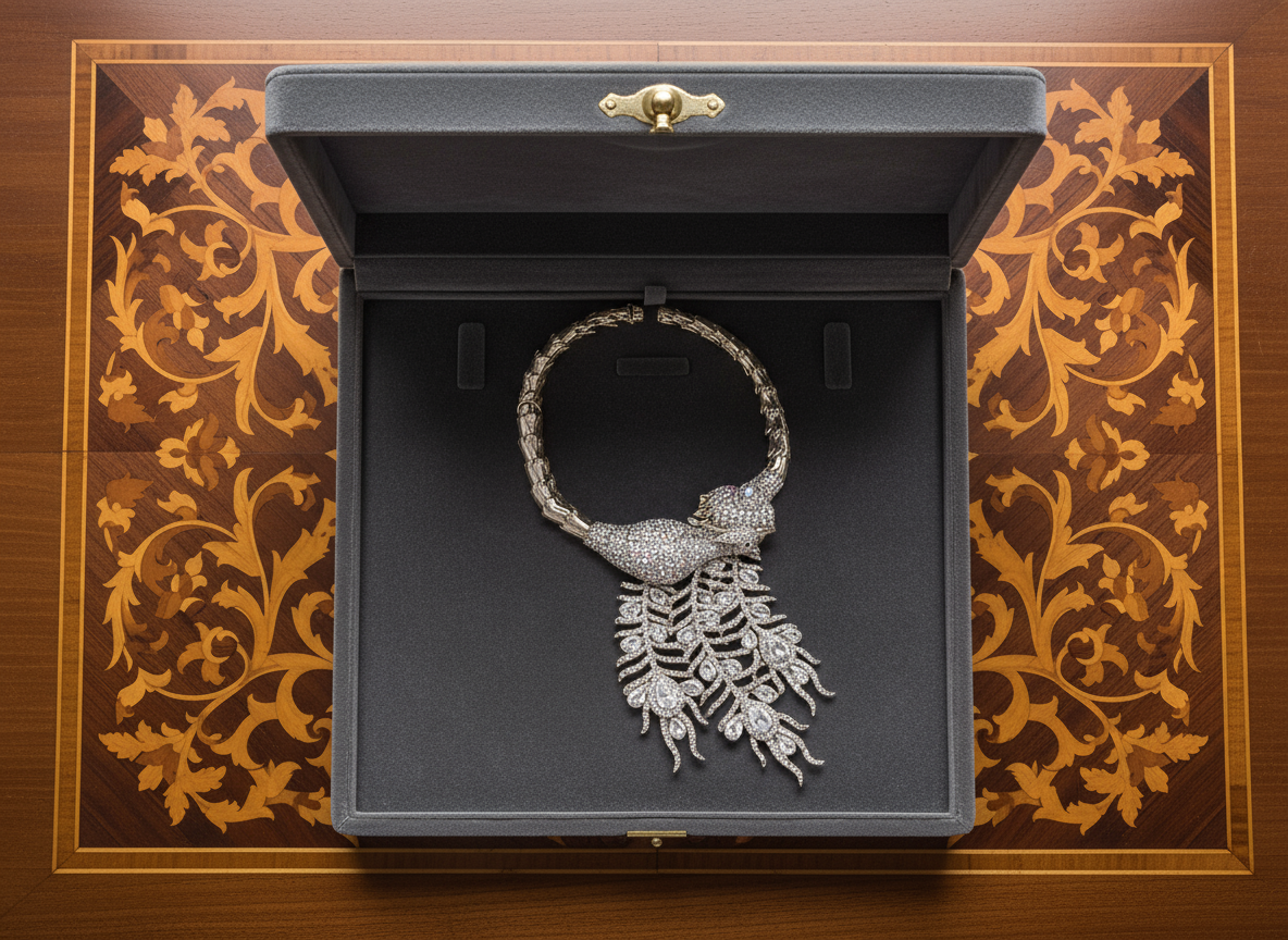 Collier strass couleur aurore boréale représentant un paon monté sur métal argenté NACRELUNE collier