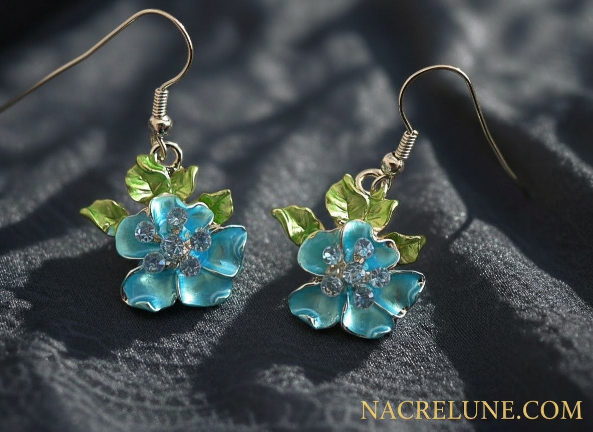 Parure en émail bleu avec fleurs, papillon et coccinelle nacrelune.com parure