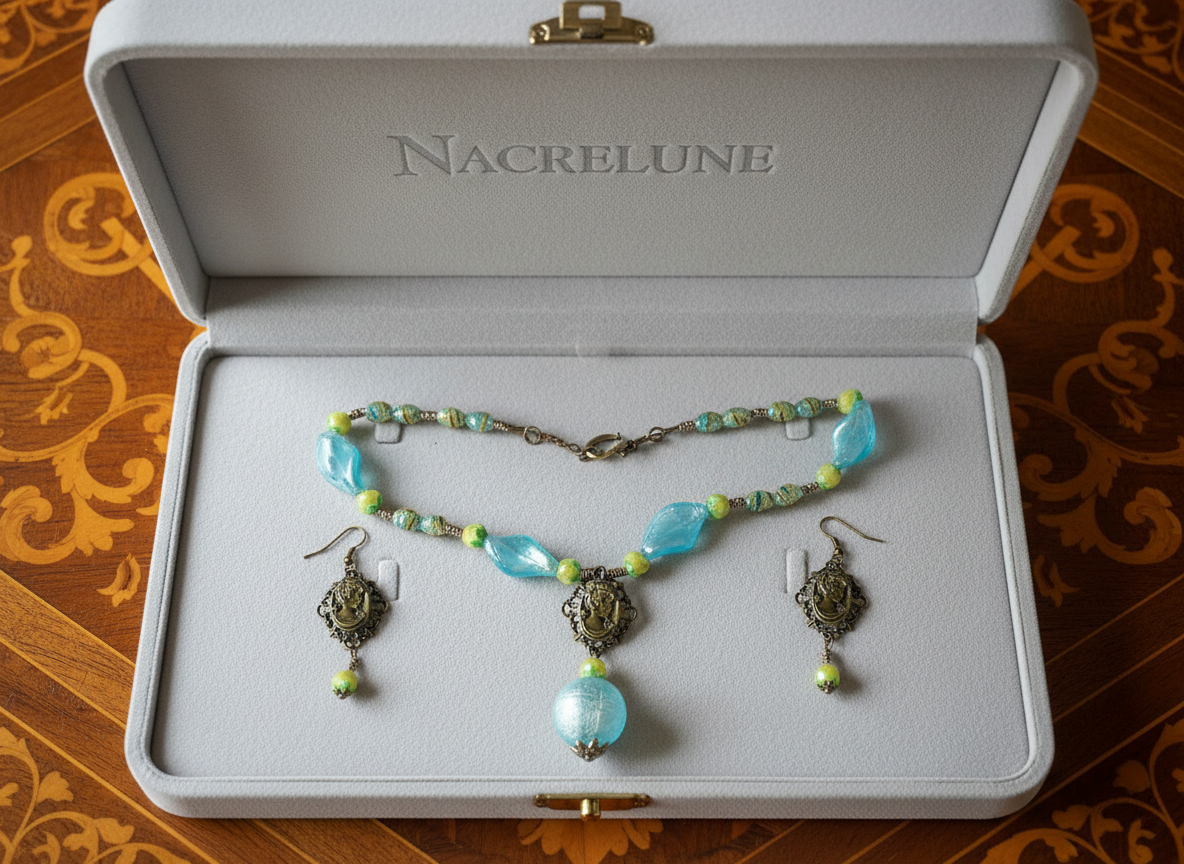 Parure en perles de verre bleue et jaune avec camée en métal nacrelune.com parure