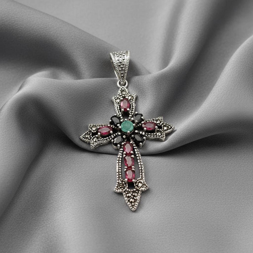 pendentif croix en argent et marcassites avec rubis, saphirs et émeraudes nacrelune.com pendentif